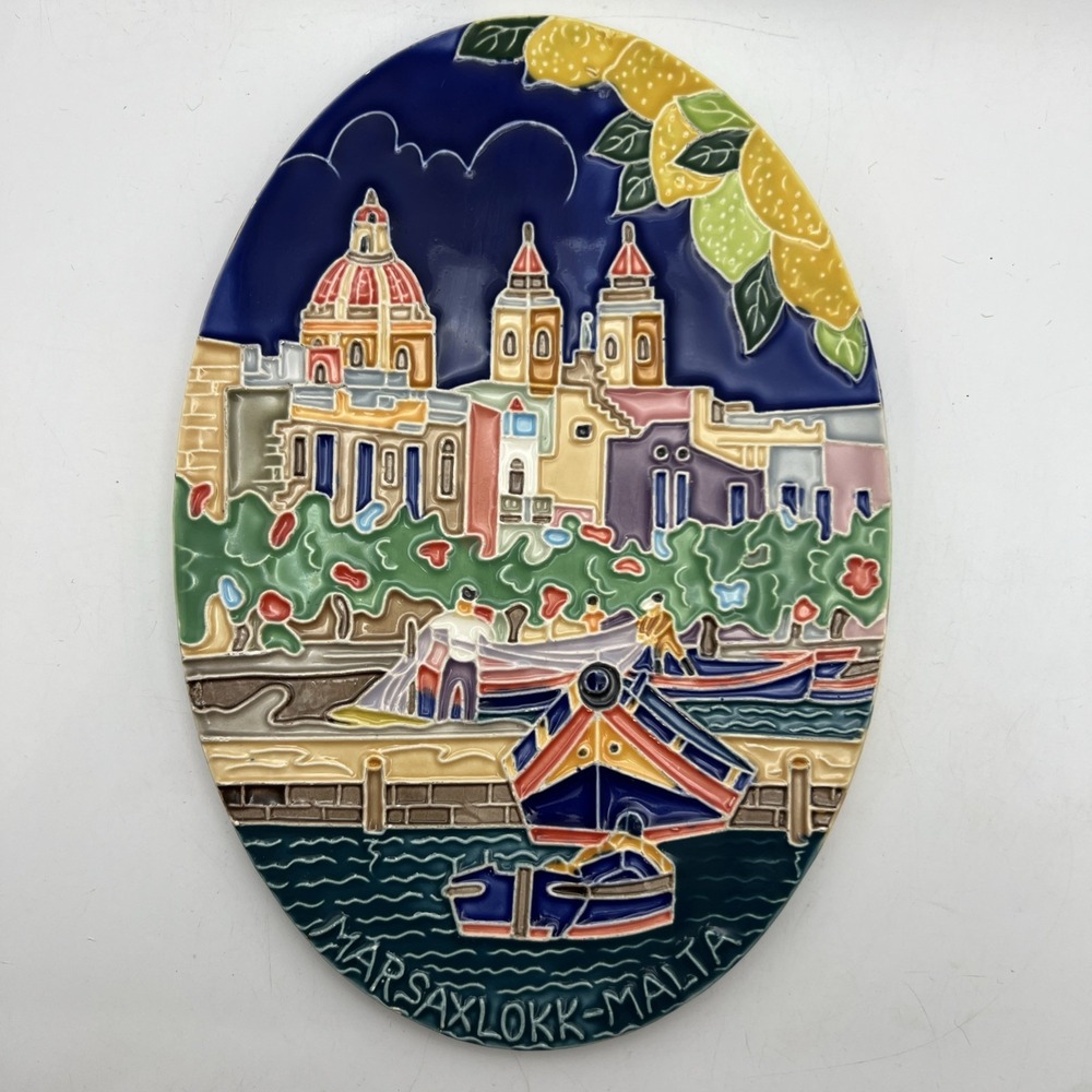 Marsaxlokk Malta Ceramic Wall Plaque Relief 3D Souvenir Luzzu Boat Lemon Pottery